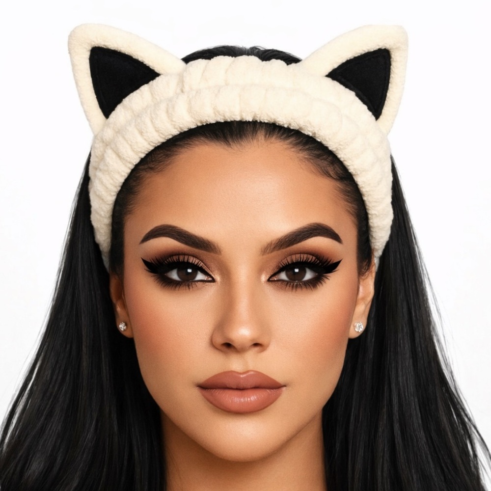 Plush Cat Ear Spa Headband | Cream Black | Soft Makeup Skincare Hair Wrap